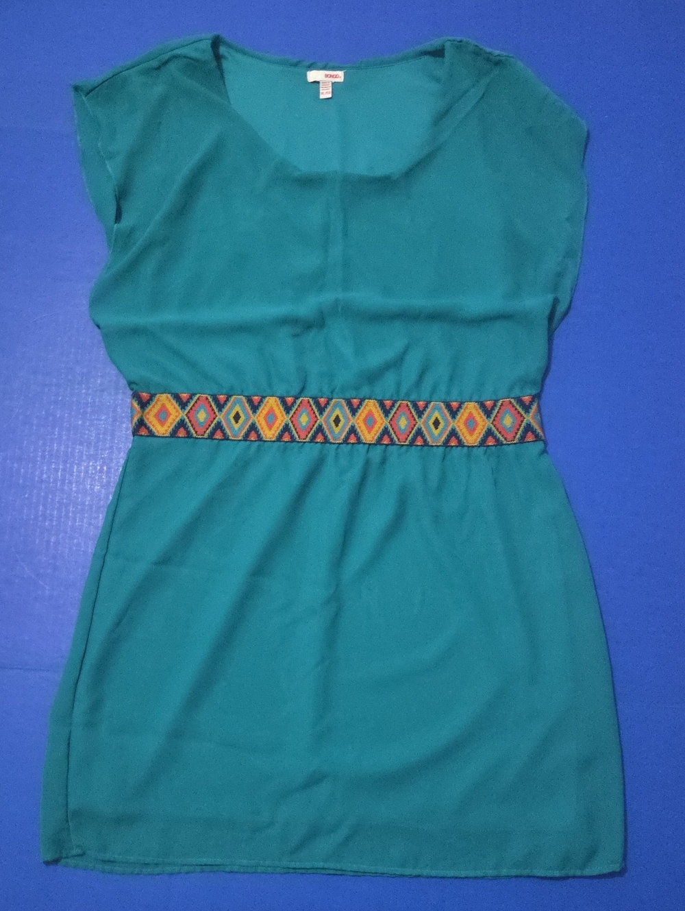 BONGO Teal Mini Dress with Multicolor Beaded Waistband